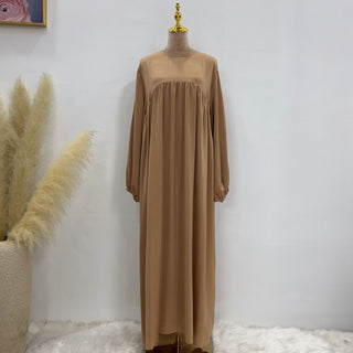 1592#High Quality Muslim Dress Puff Sleeve Soft Satin Plain Abaya