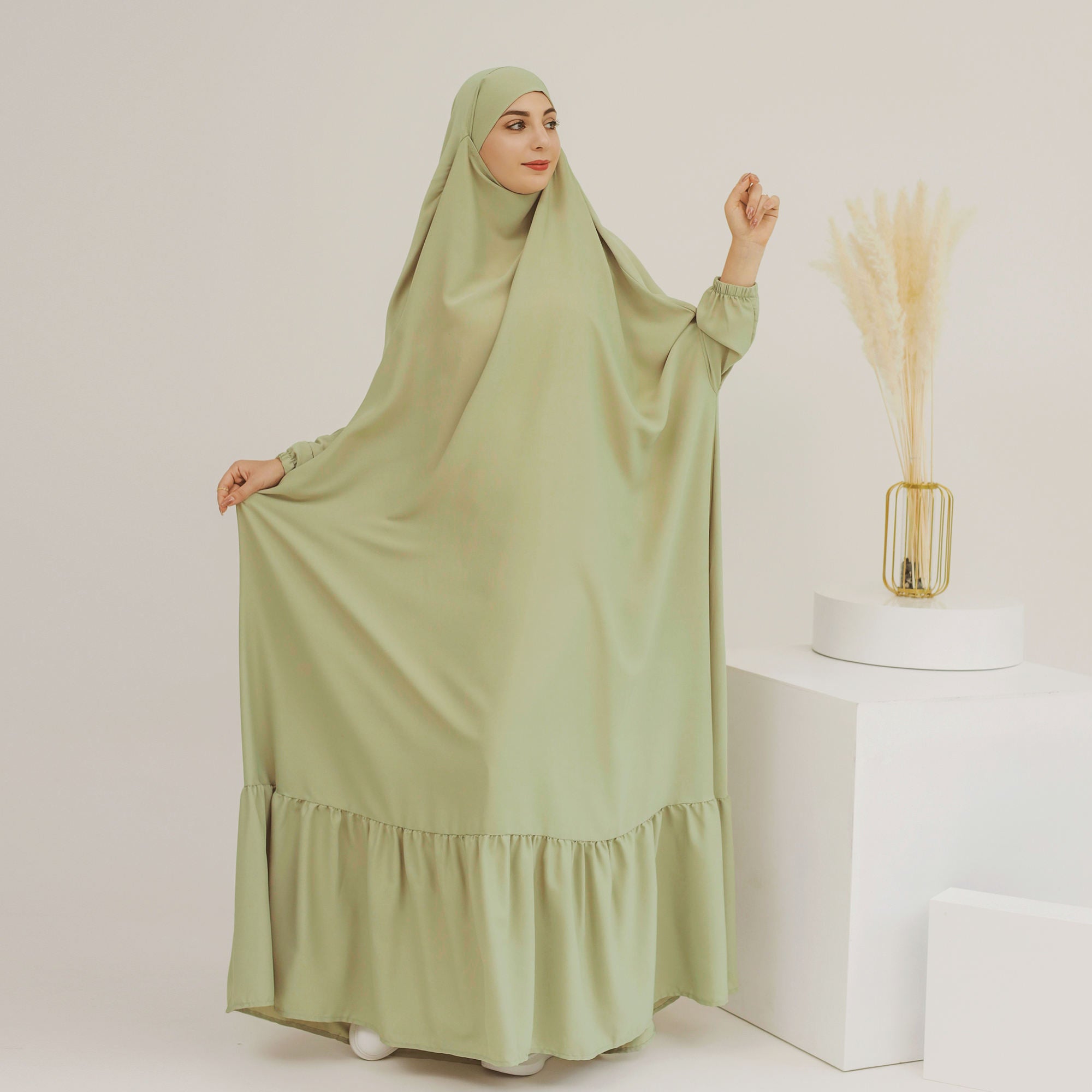 1617#EID New Prayer Abaya Ruffle Style Nida Jilbab_ Modest Dresses with Connected Hijab
