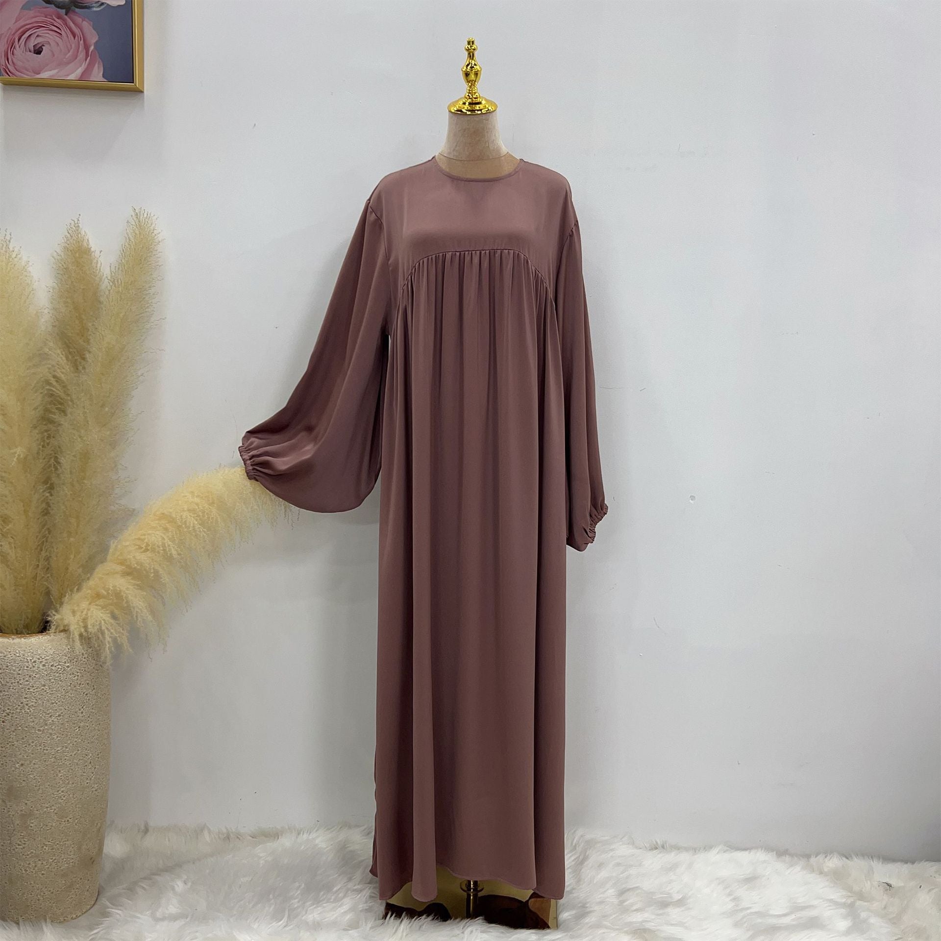 1592#High Quality Muslim Dress Puff Sleeve Soft Satin Plain Abaya