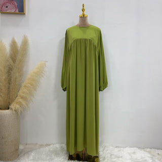 1592#High Quality Muslim Dress Puff Sleeve Soft Satin Plain Abaya