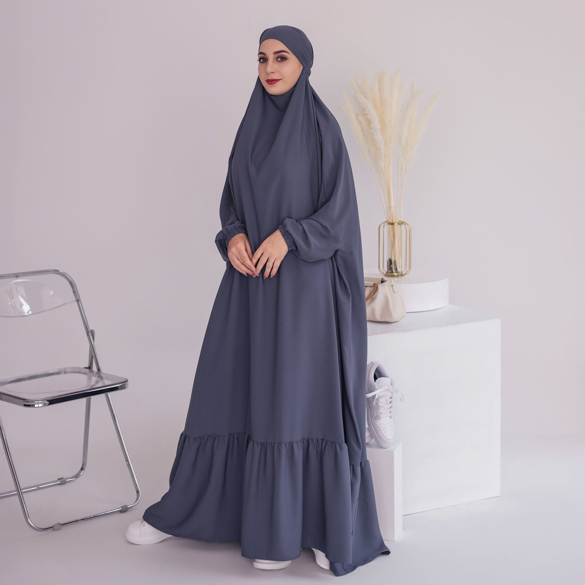 1617#EID New Prayer Abaya Ruffle Style Nida Jilbab_ Modest Dresses with Connected Hijab