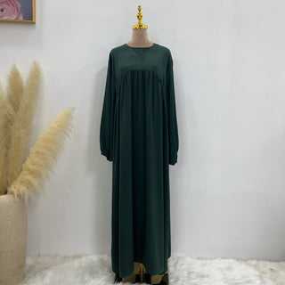 1592#High Quality Muslim Dress Puff Sleeve Soft Satin Plain Abaya