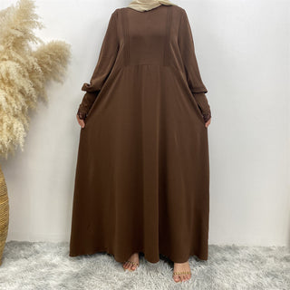 1693#Pleated Front Zipper Crew Neck Dress 9 Colors Muslim Dress