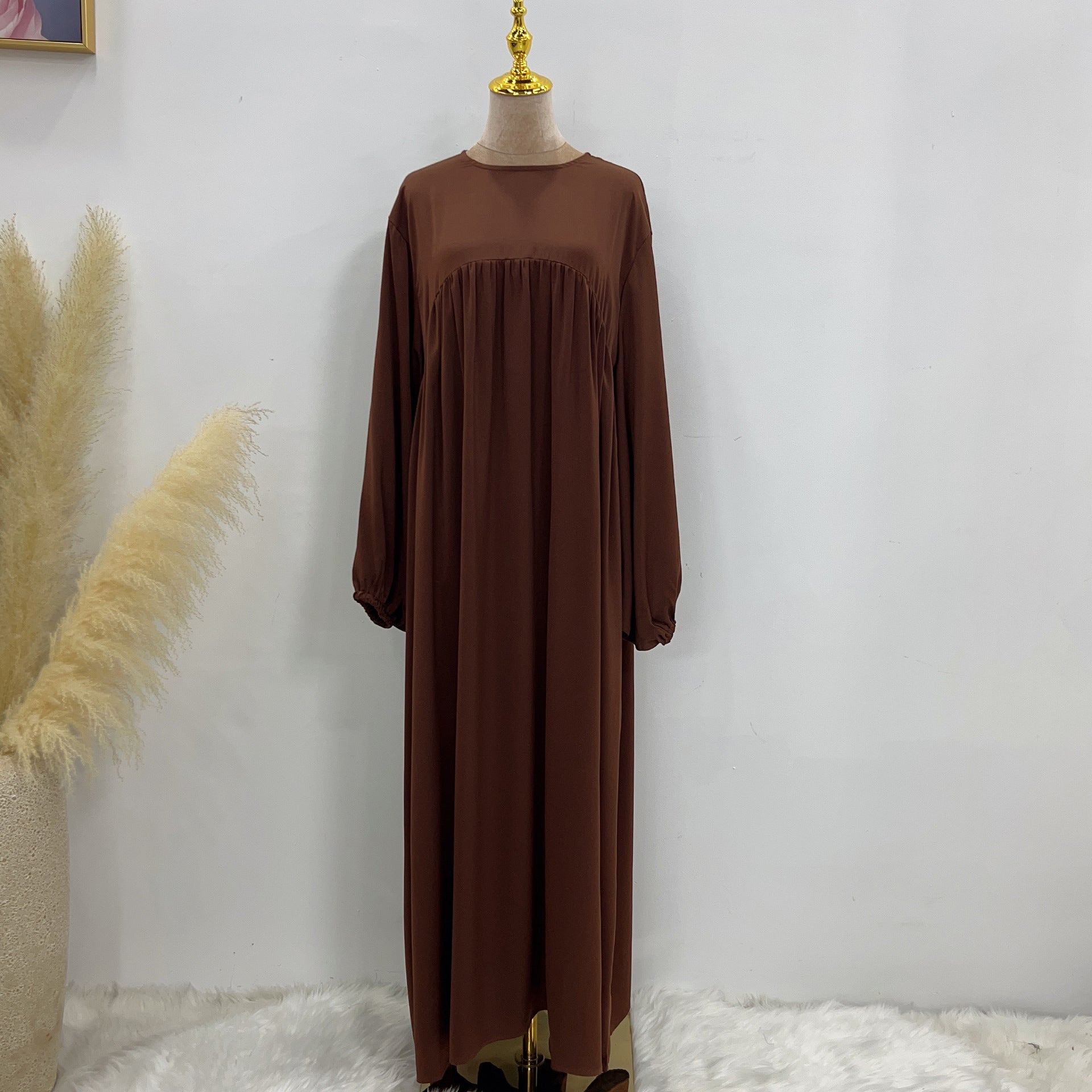 1592#High Quality Muslim Dress Puff Sleeve Soft Satin Plain Abaya