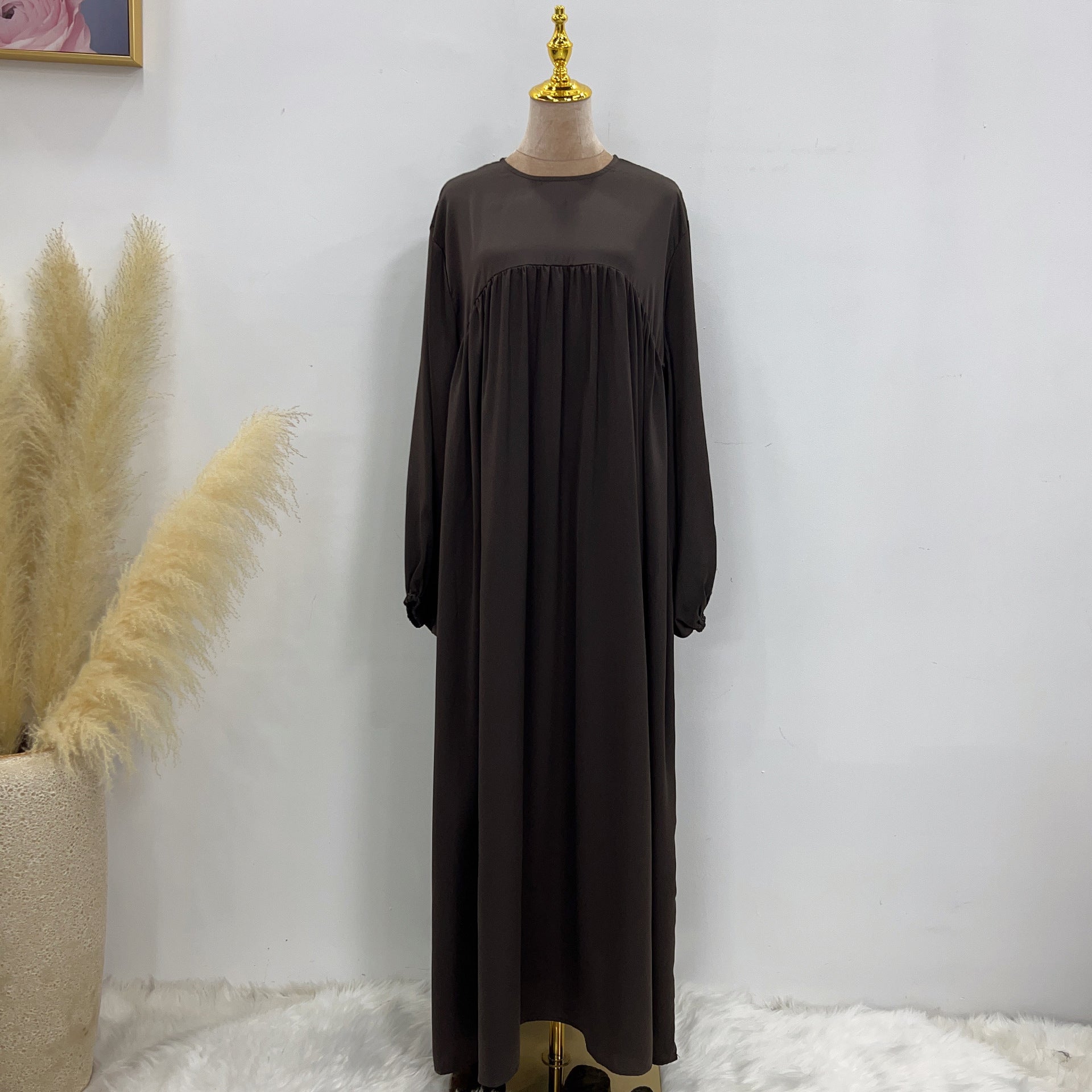1592#High Quality Muslim Dress Puff Sleeve Soft Satin Plain Abaya