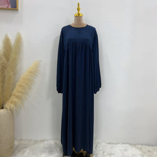 1592#High Quality Muslim Dress Puff Sleeve Soft Satin Plain Abaya