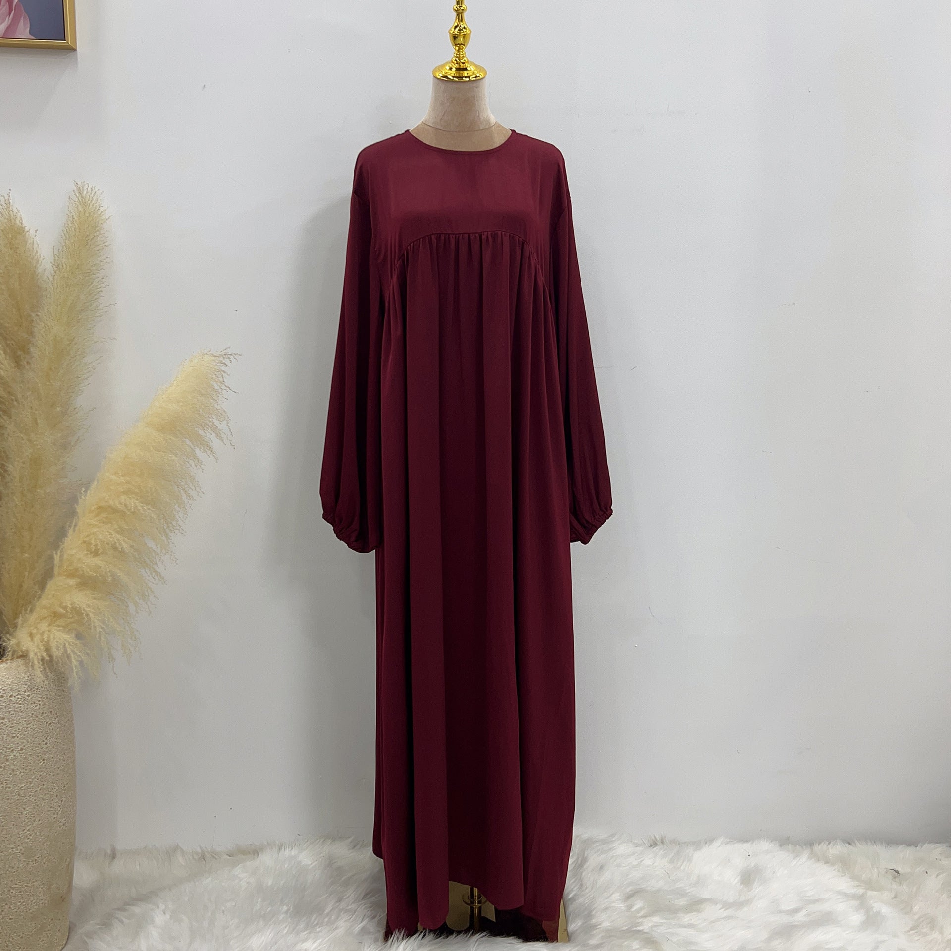 1592#High Quality Muslim Dress Puff Sleeve Soft Satin Plain Abaya