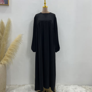 1592#High Quality Muslim Dress Puff Sleeve Soft Satin Plain Abaya