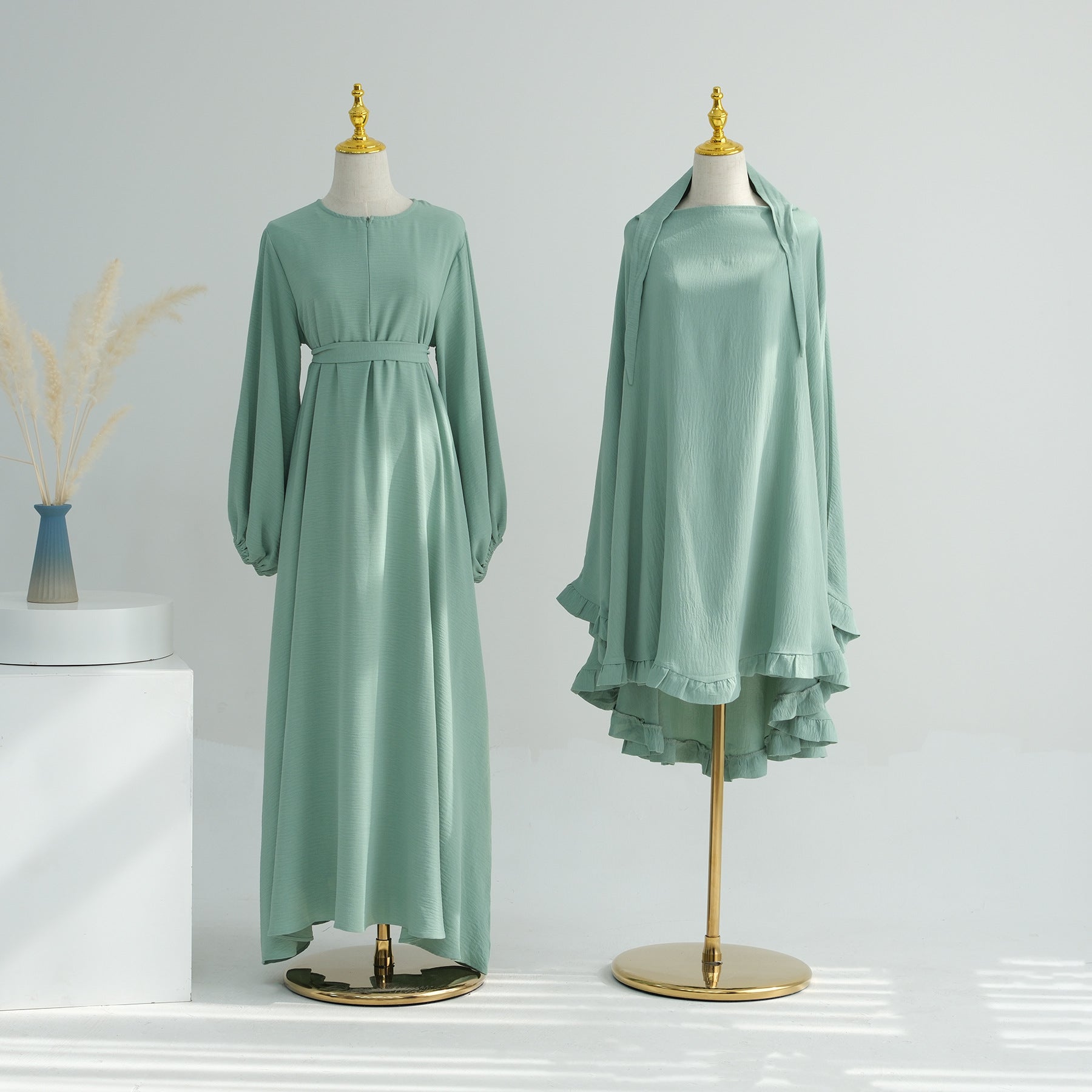 LR708+HJ912 # EID Ramadan Dubai Abaya Islamic Clothing Wrinkle Polyester Modest Dresses with Zipper Abaya Women Set