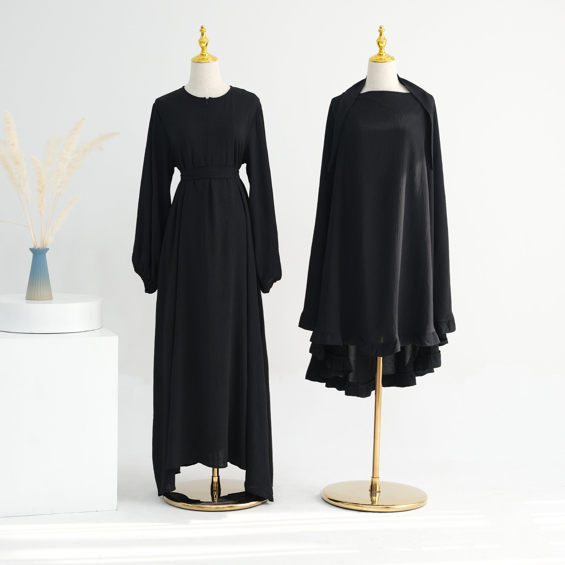 LR708+HJ912 # EID Ramadan Dubai Abaya Islamic Clothing Wrinkle Polyester Modest Dresses with Zipper Abaya Women Set