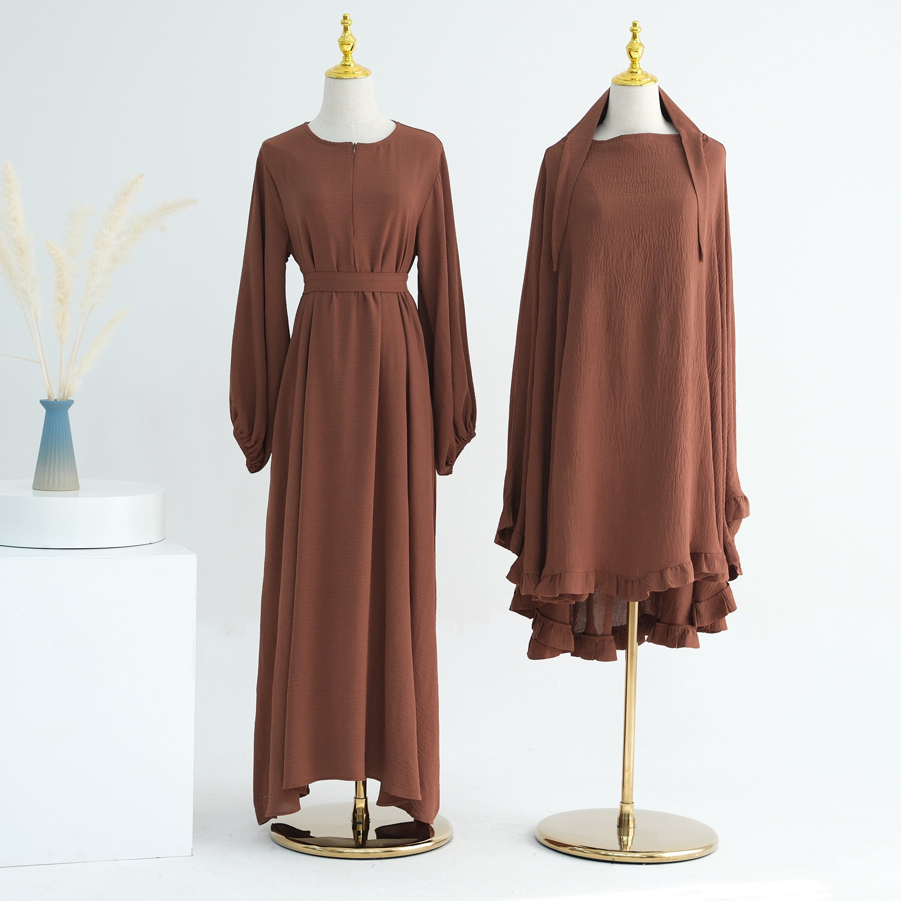 LR708+HJ912 # EID Ramadan Dubai Abaya Islamic Clothing Wrinkle Polyester Modest Dresses with Zipper Abaya Women Set
