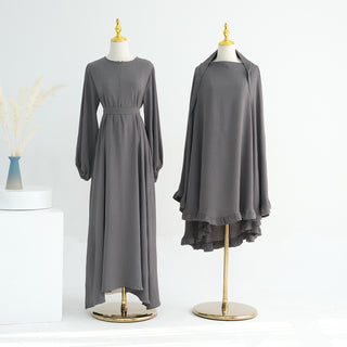 LR708+HJ912 # EID Ramadan Dubai Abaya Islamic Clothing Wrinkle Polyester Modest Dresses with Zipper Abaya Women Set