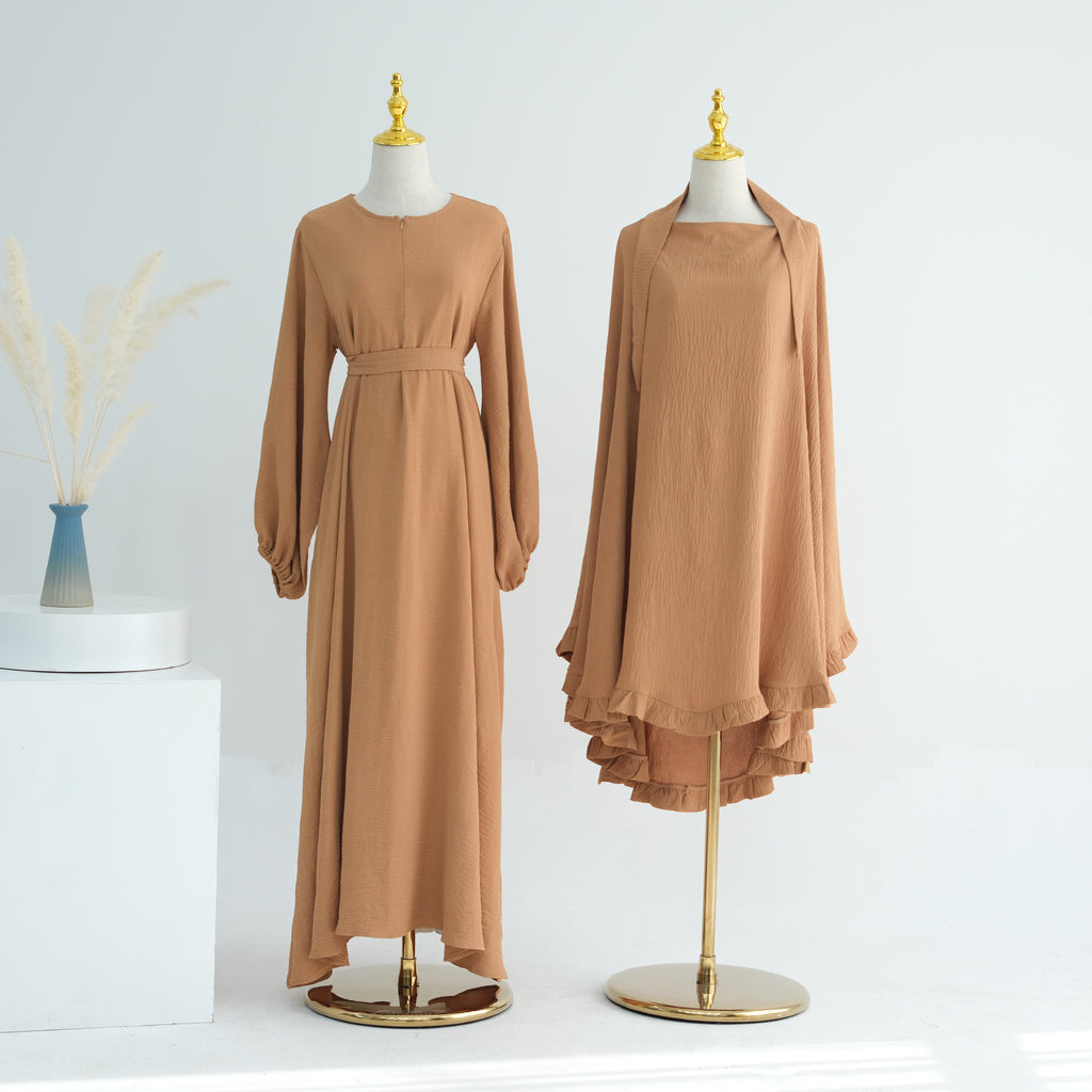 LR708+HJ912 # EID Ramadan Dubai Abaya Islamic Clothing Wrinkle Polyester Modest Dresses with Zipper Abaya Women Set