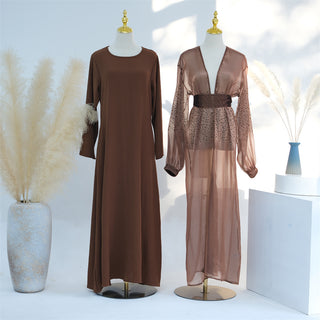 1698#2024  Luxury Stone Design Islamic Clothing 2 Piece Abaya Set Front Open Abaya