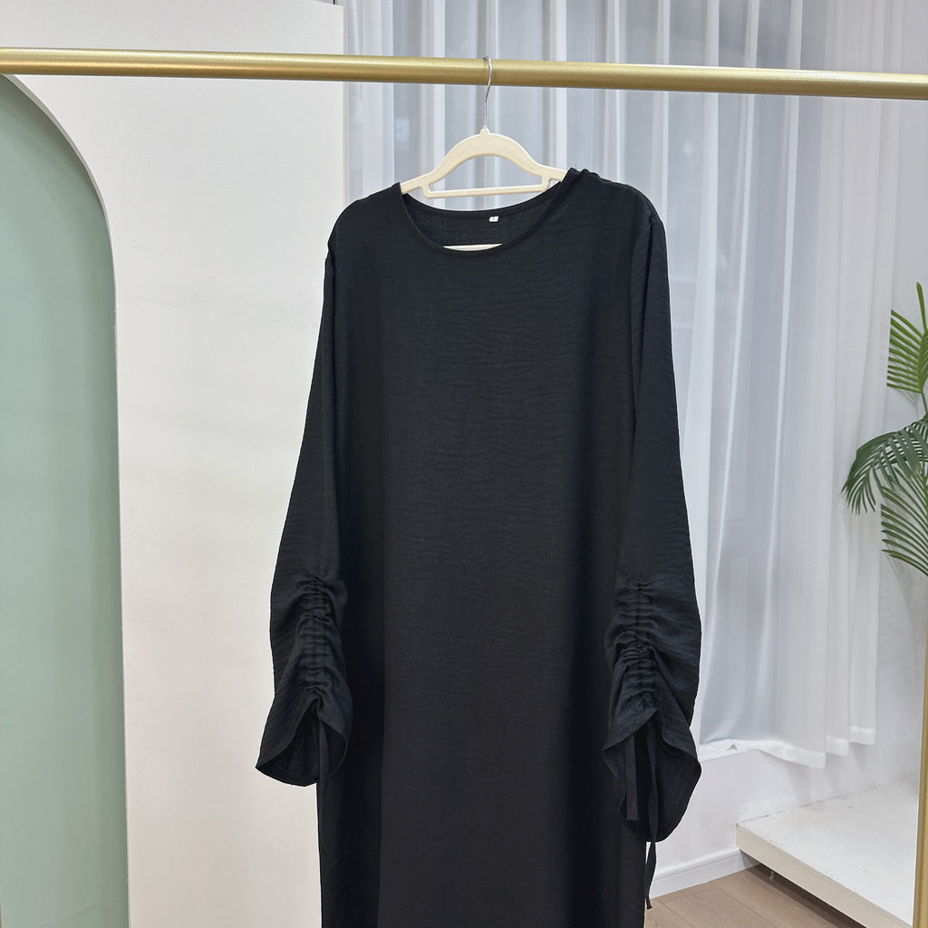 1833#Hot Selling Women Abaya Ruched Sleeve Long Dress Solid Color Breathable Closed Abaya Women Muslim Dress