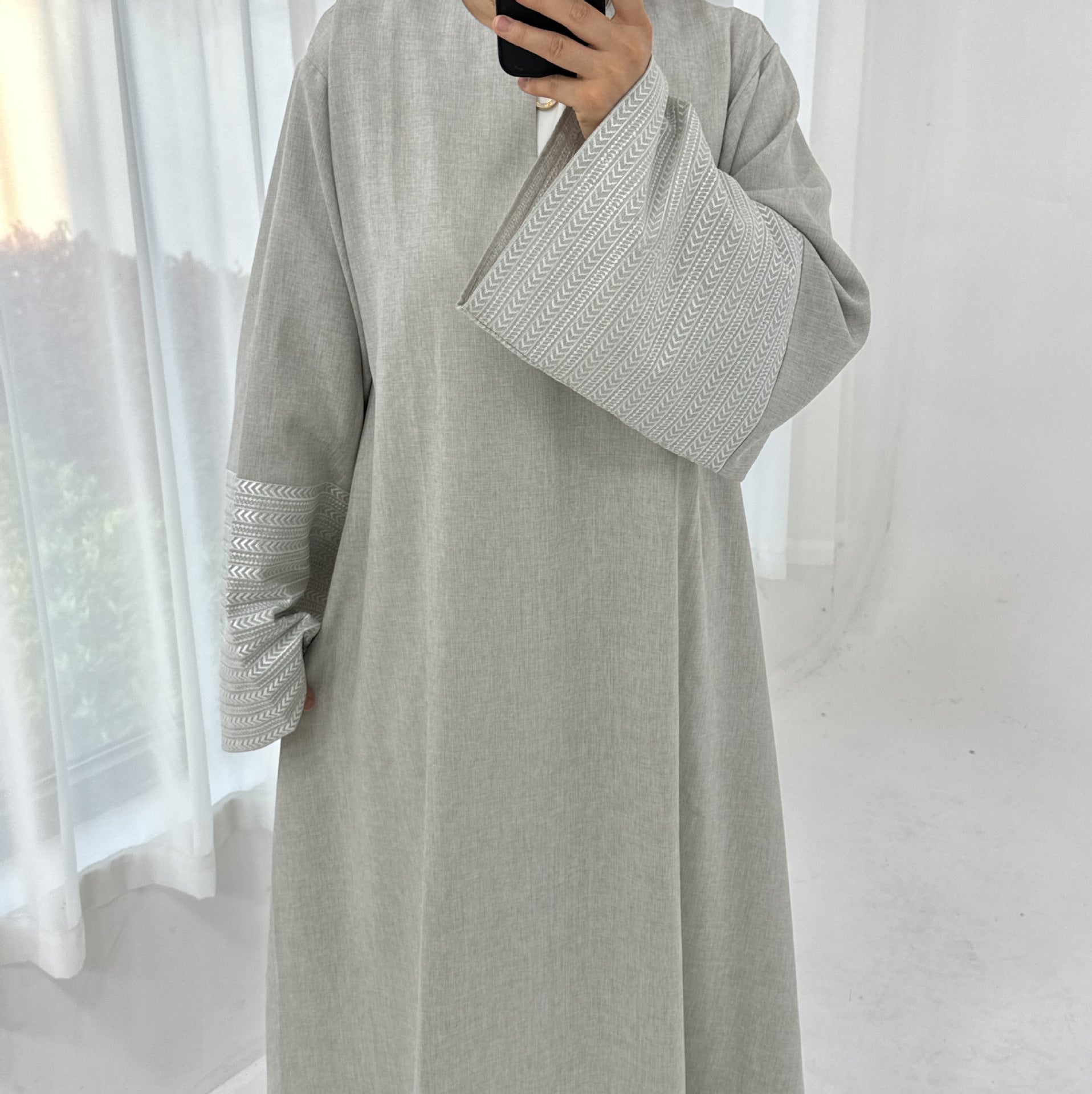 Daily Wear Linen Modest Dresses V Neck Embroidery Sleeves Abaya Women Muslim Dress
