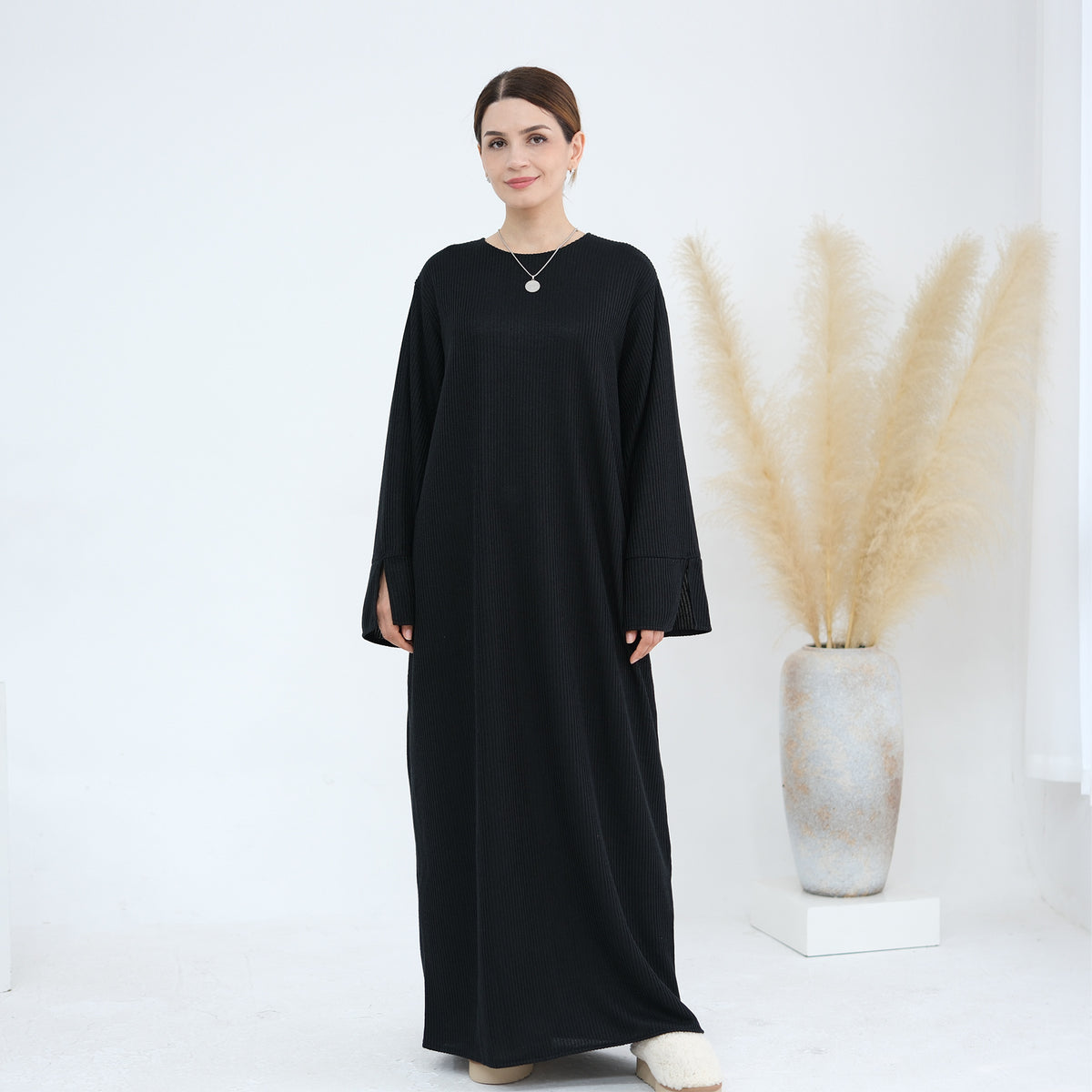islamic winter dresses 1912#Knit Fabric Latest Women Muslim Dress Clothing Wom – Gonice Modest Fashion Factory Warm caramel and beige Sale:Final Sale Elegant Black Gold Beading Size:3