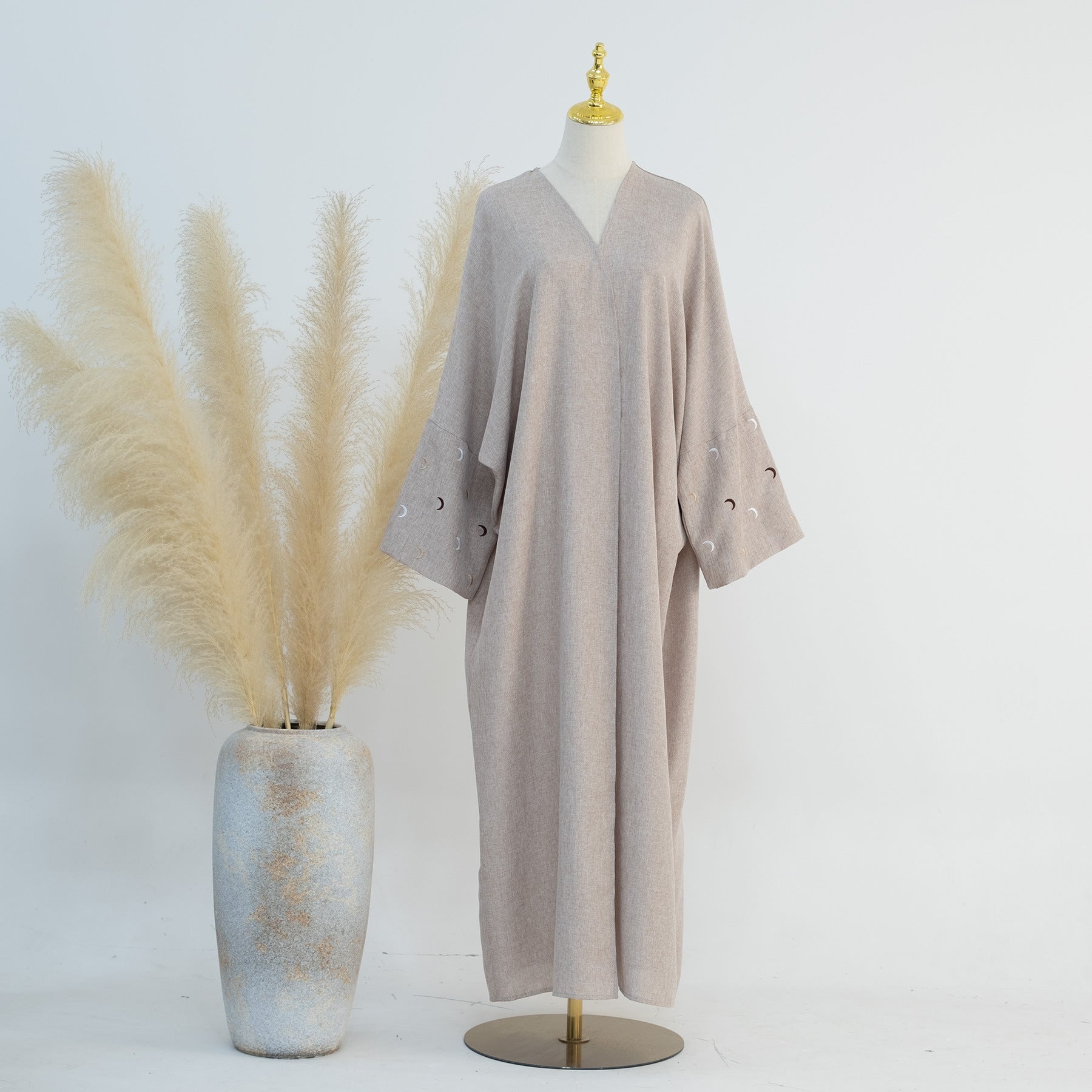 1664#New Arrival EID Linen Islamic Clothing Musulmane Moon Embroidery Women Kimono Cardigan Abaya
