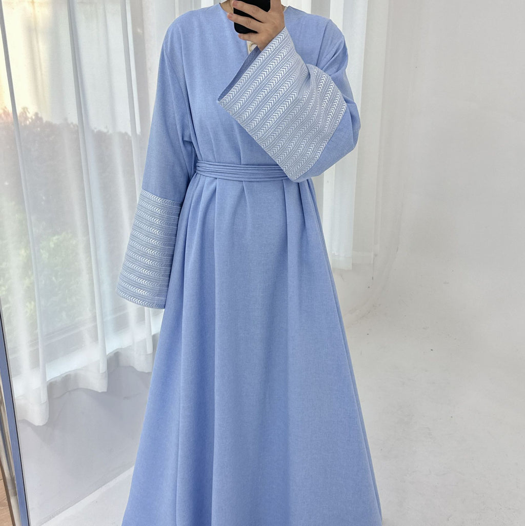 Daily Wear Linen Modest Dresses V Neck Embroidery Sleeves Abaya Women Muslim Dress