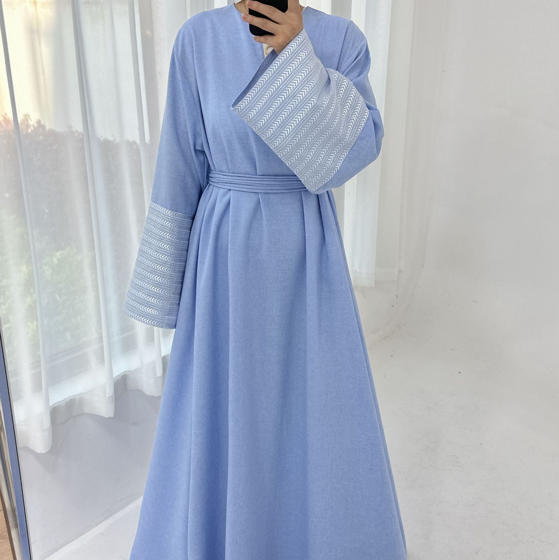 Daily Wear Linen Modest Dresses V Neck Embroidery Sleeves Abaya Women Muslim Dress