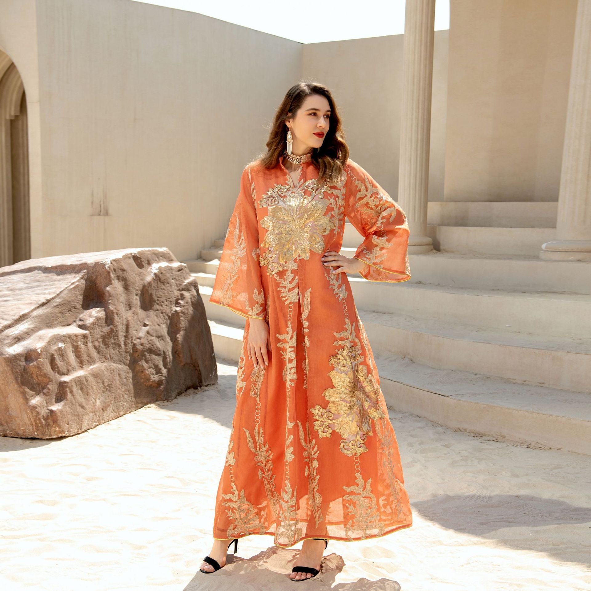 AB056# New burnt flower sequin dress light luxury ladies party dress Muslim abaya women's clothing