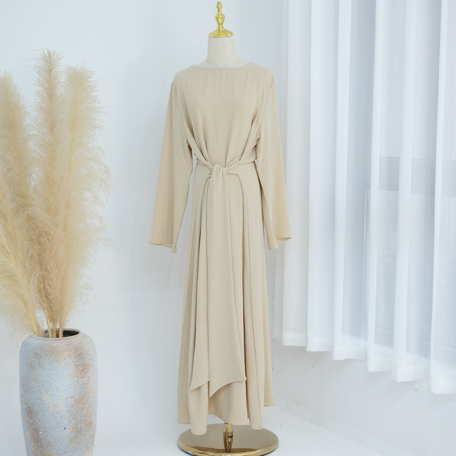 1822#New Arrival Modest Apparel Tie Front Waist Dresses Jazz Maxi Dress Fashion Abaya Women Muslim Dress