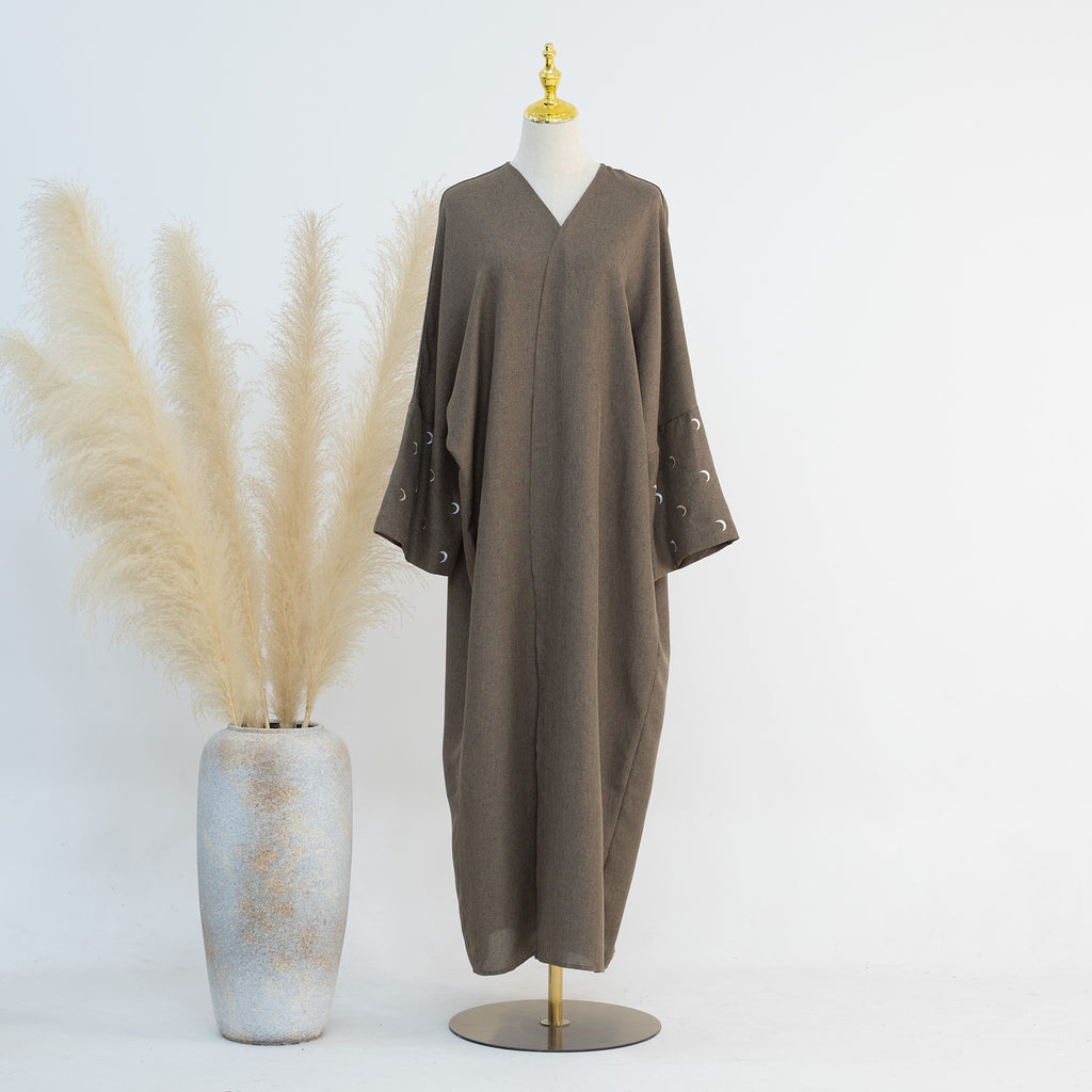 1664#New Arrival EID Linen Islamic Clothing Musulmane Moon Embroidery Women Kimono Cardigan Abaya