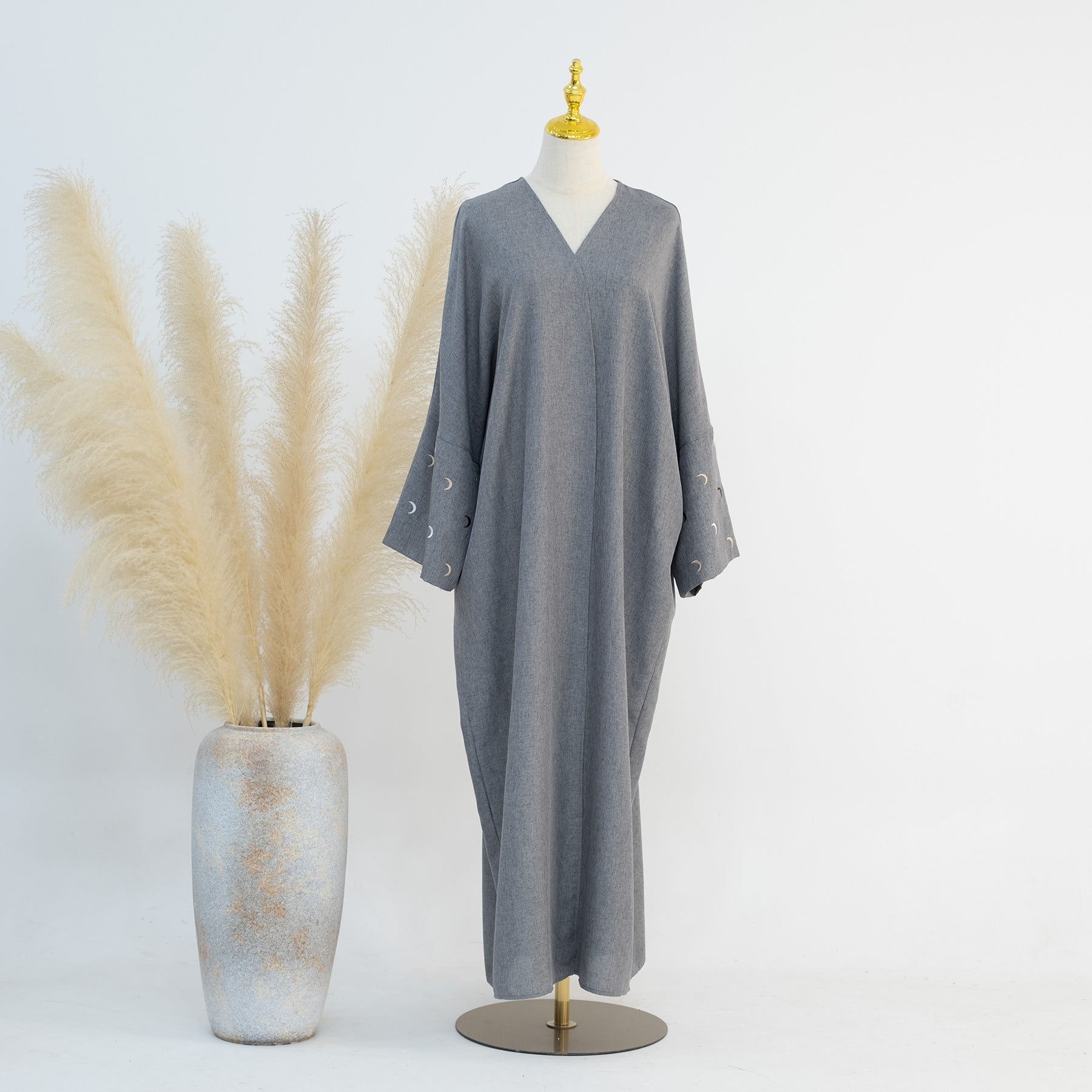 1664#New Arrival EID Linen Islamic Clothing Musulmane Moon Embroidery Women Kimono Cardigan Abaya