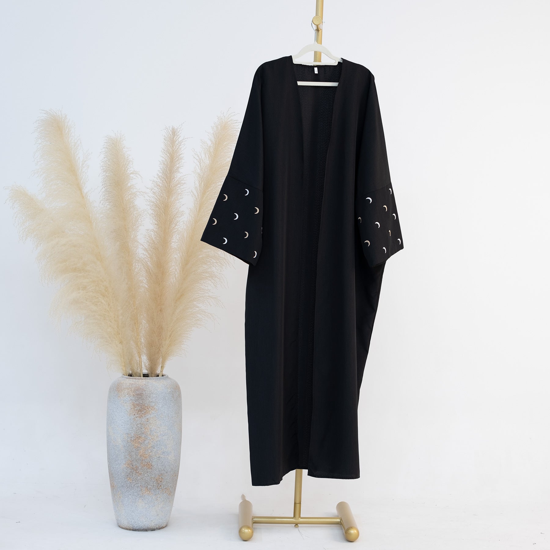 1664#New Arrival EID Linen Islamic Clothing Musulmane Moon Embroidery Women Kimono Cardigan Abaya