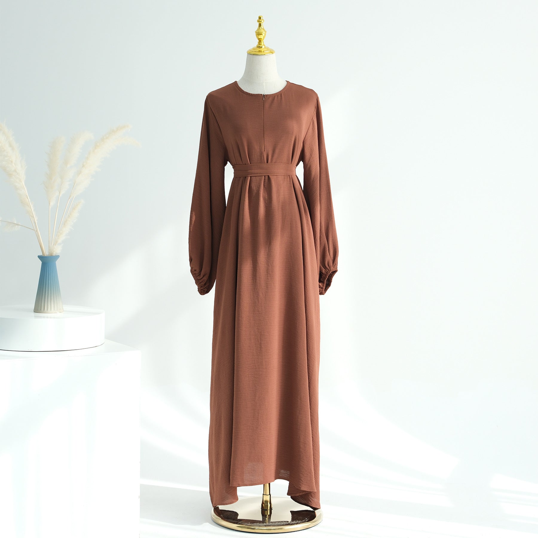 1708#2024 Modest Dresses Solid Color with Front Zipper Women Islamic Clothing
