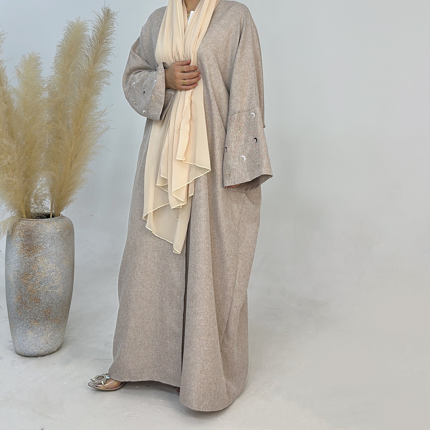 1664#New Arrival EID Linen Islamic Clothing Musulmane Moon Embroidery Women Kimono Cardigan Abaya