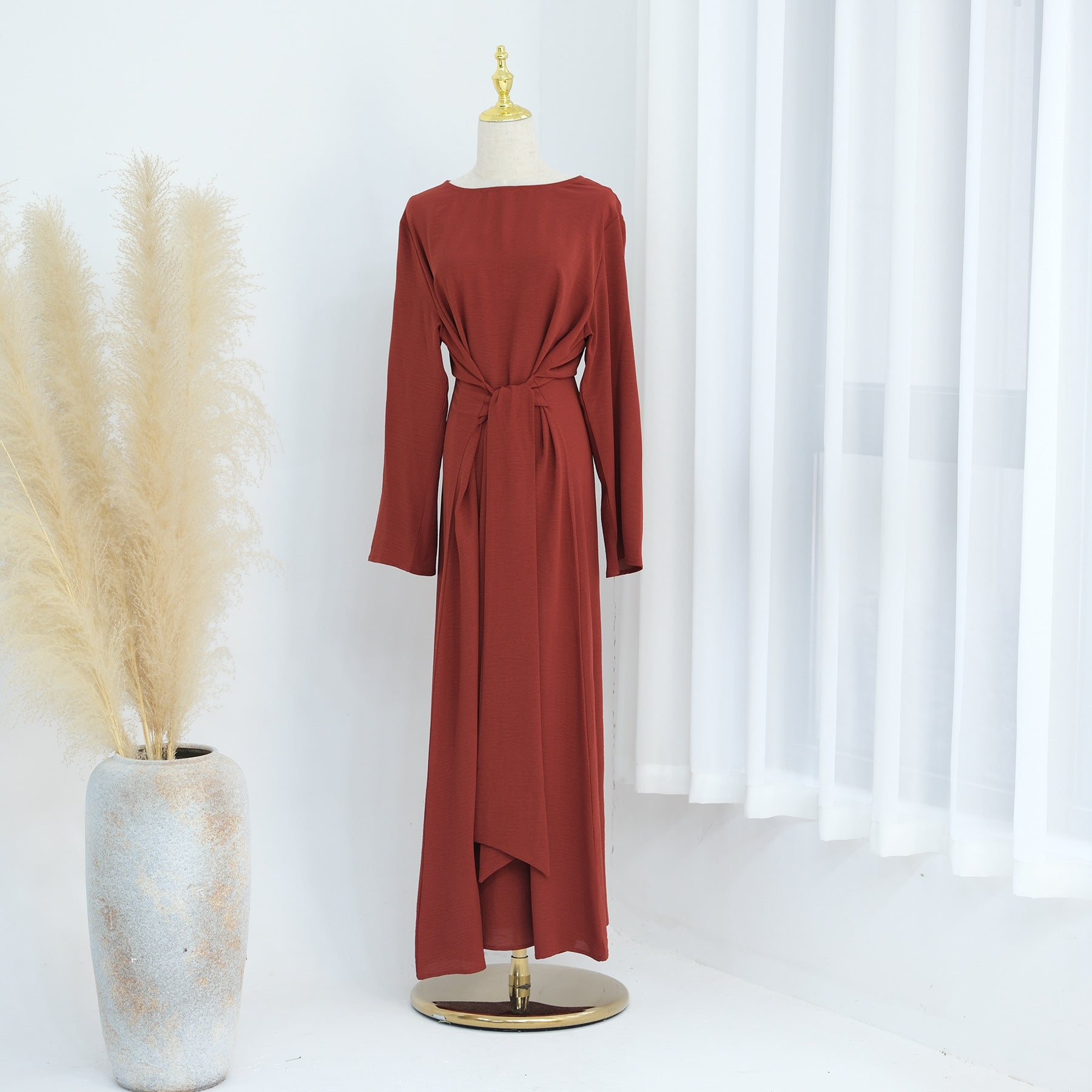 1822#New Arrival Modest Apparel Tie Front Waist Dresses Jazz Maxi Dress Fashion Abaya Women Muslim Dress
