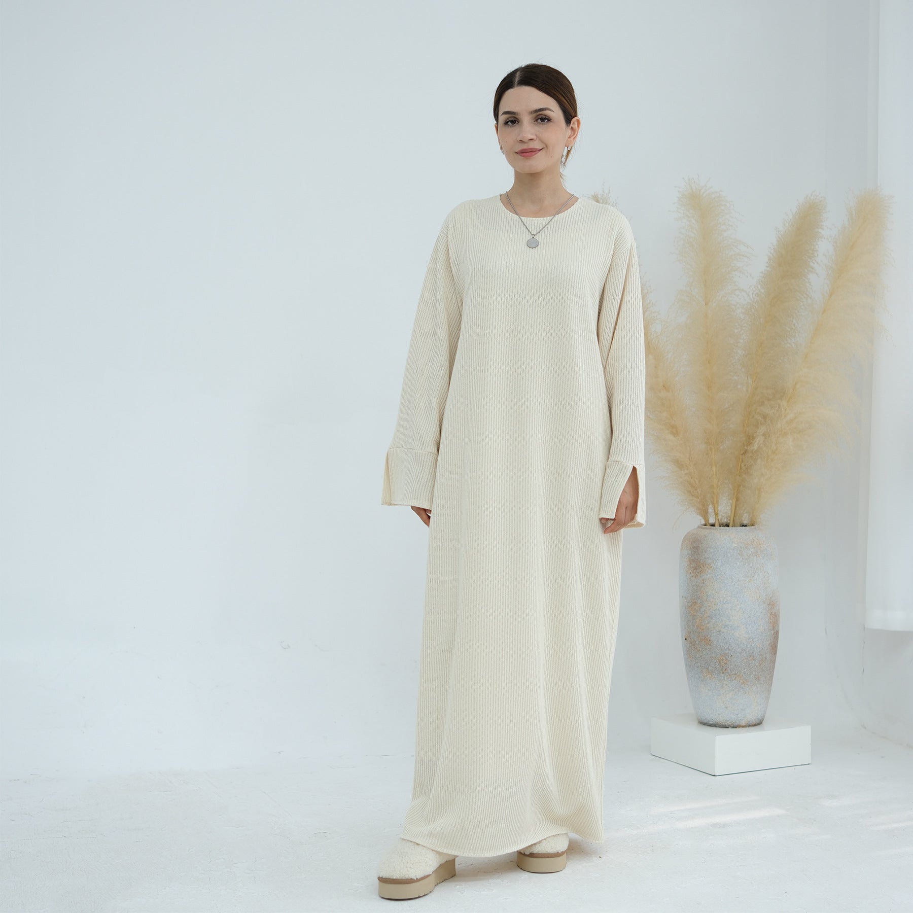 1912#Knit Fabric Latest Winter Women Muslim Dress Islamic Clothing Women Modest Dresses Abaya