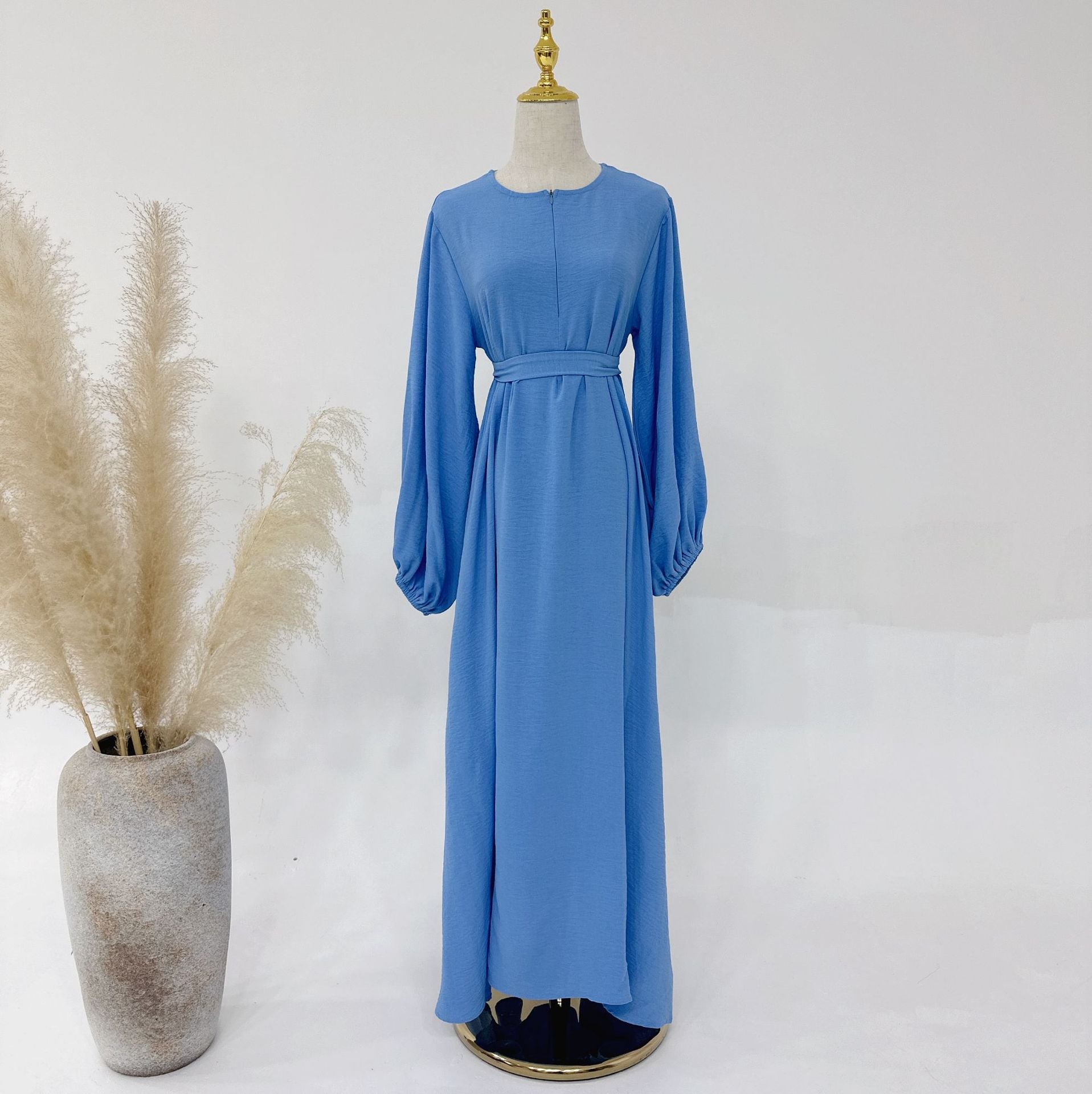 1708#2024 Modest Dresses Solid Color with Front Zipper Women Islamic Clothing