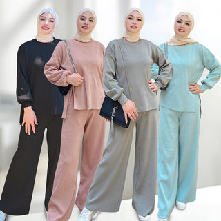 1535#Muslim Knitted Set Fall Winter Sweater and Pants Islamic Clothing Abaya