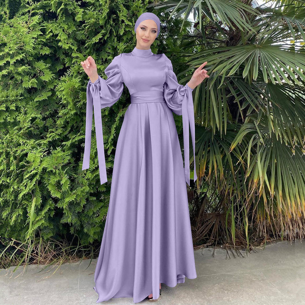 1488#Muslim dress elegant satin muslim prom dress with ribbon