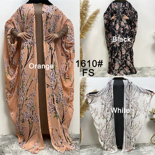 610#Summer lightweight pretty floral long robe chiffon sleeveless open abaya