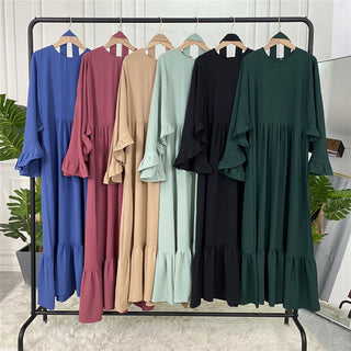 530#New Simple Ruffles Puff Sleeve Long Islamic Clothing Abaya Dresses