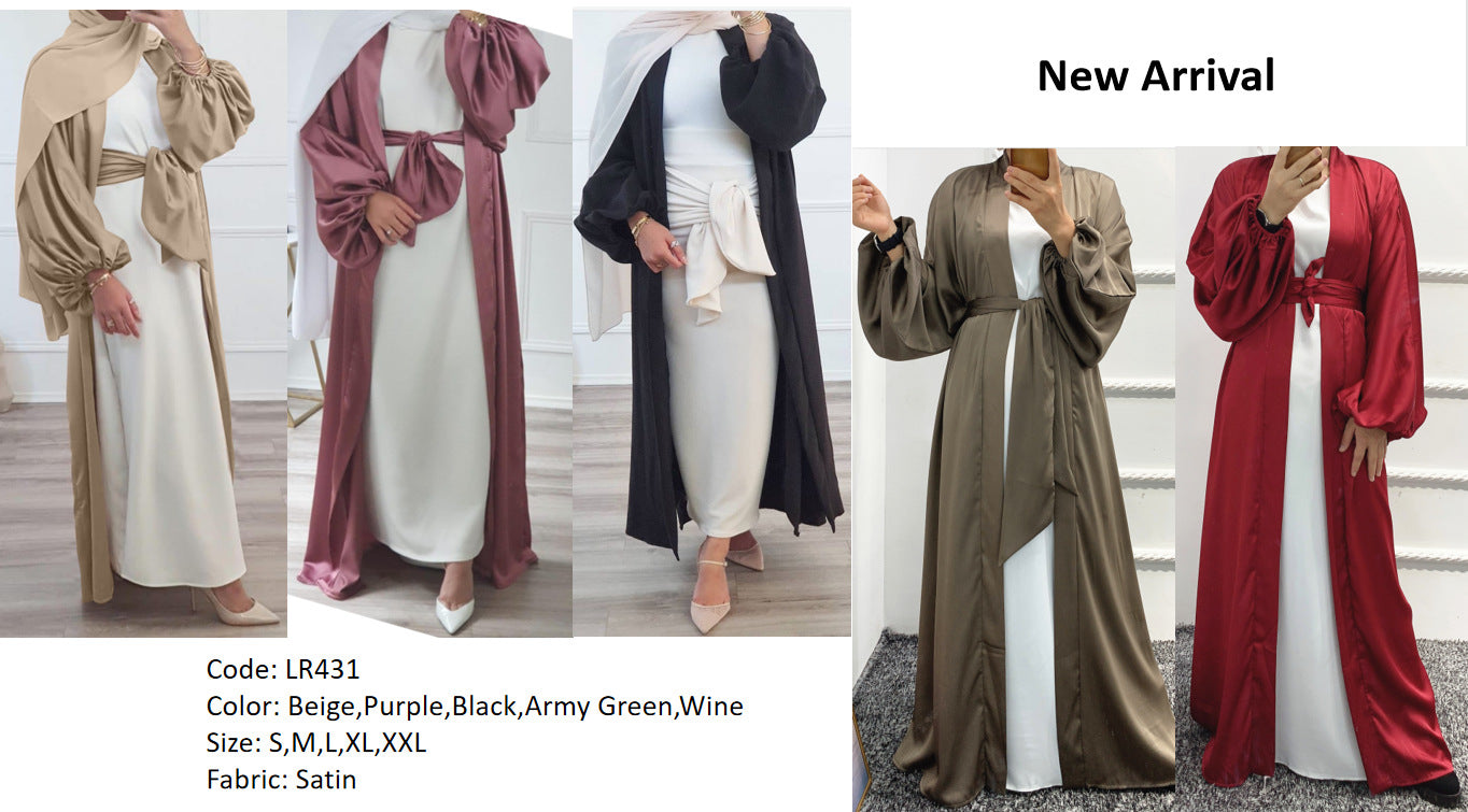 1431#Wholesale Dubai Satin Elegant Abaya Muslim Women Puff Sleeve Plus Size Abaya