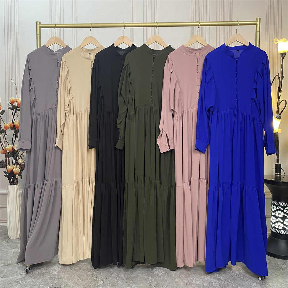 6633#New Solid Color High Quality Button Islamic Clothing Muslim Women Long Dress