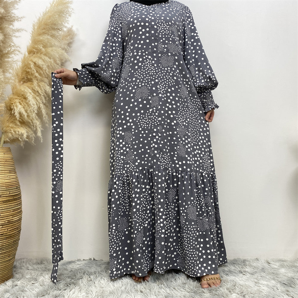 6541#Polka Dot Printed Maxi Dress Ladies Muslim Abaya Dresses Islamic Clothing