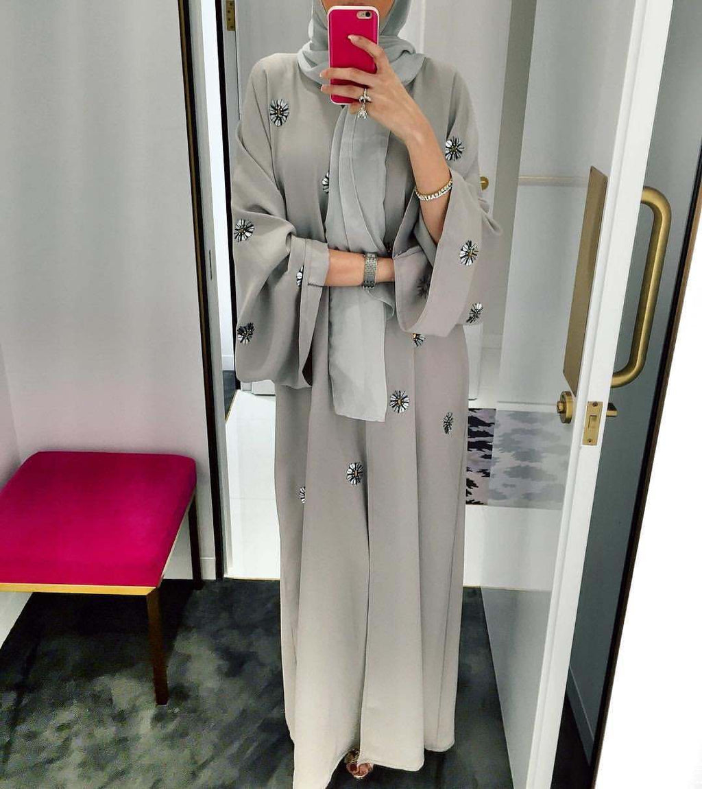 1220#New arrival soft crepe material gray front open abaya