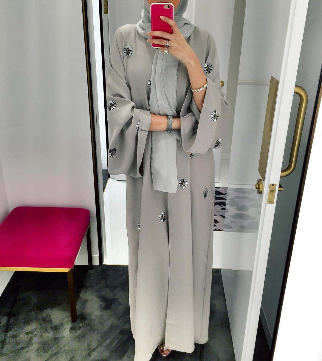 1220#New arrival soft crepe material gray front open abaya