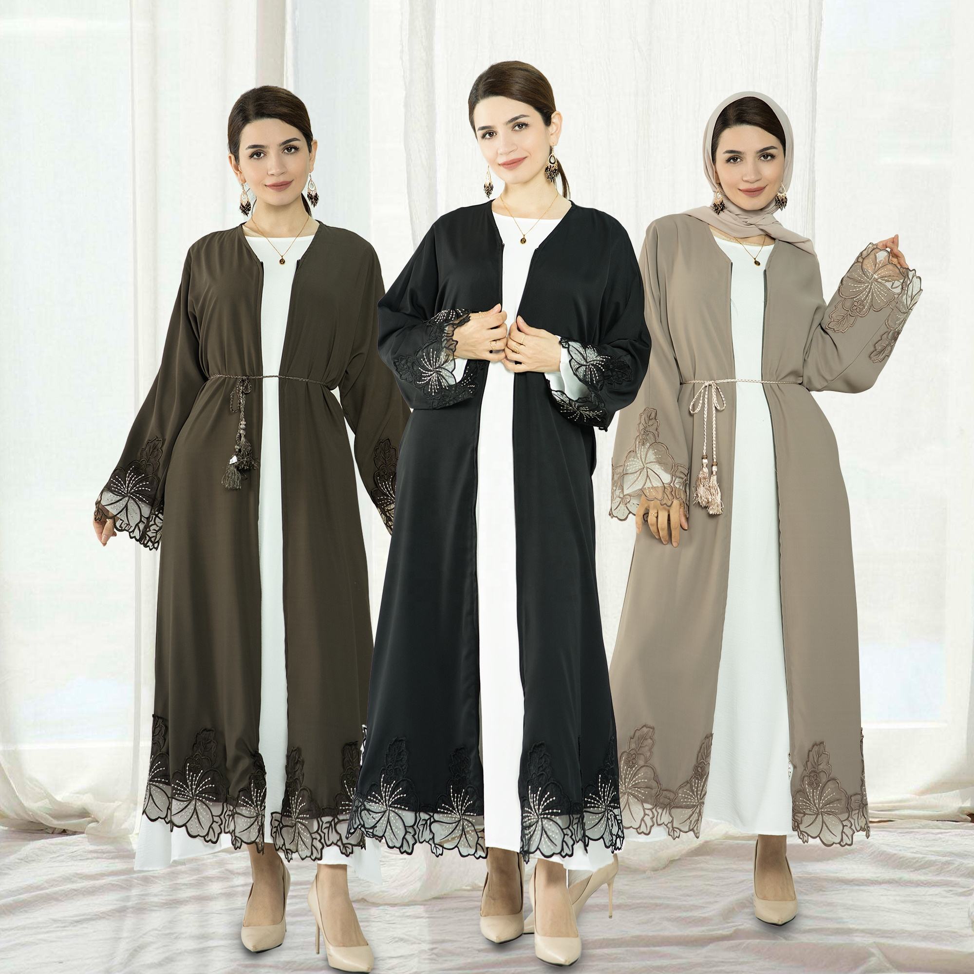 1579-1#Embroidery Classy Black Abaya Islamic fashion Open Cardigan EID Clothing