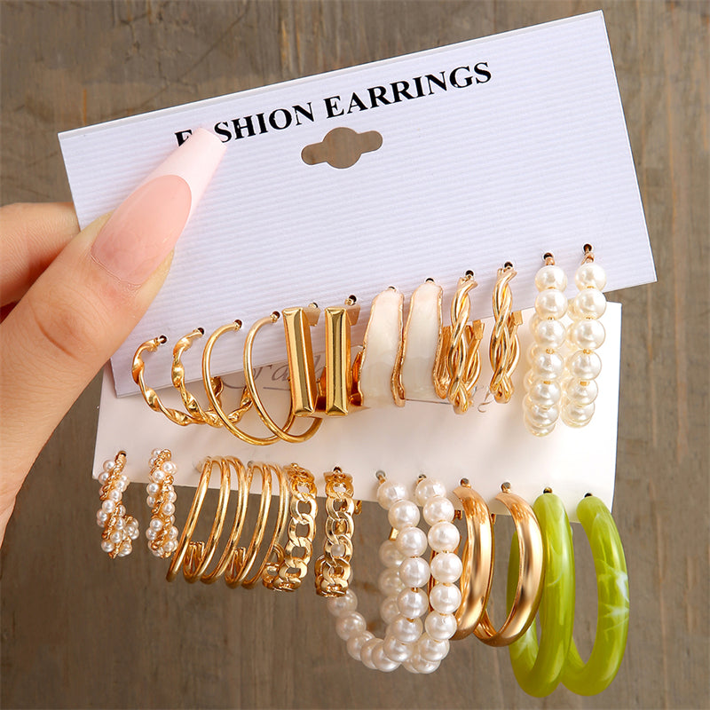 E9#Acrylic Pearl Gold Plated Earrings Circle Hoop Dangle Earrings for Women