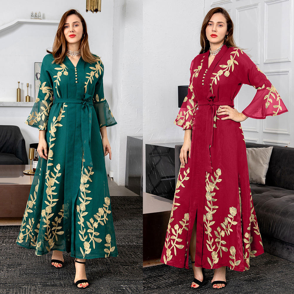 AB170#2022 new mesh embroidery long robe European evening dress Arab dress