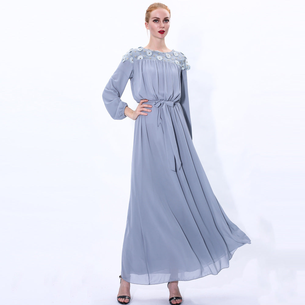 91226#Autumn new daisy long-sleeved chiffon solid color muslim dress abaya