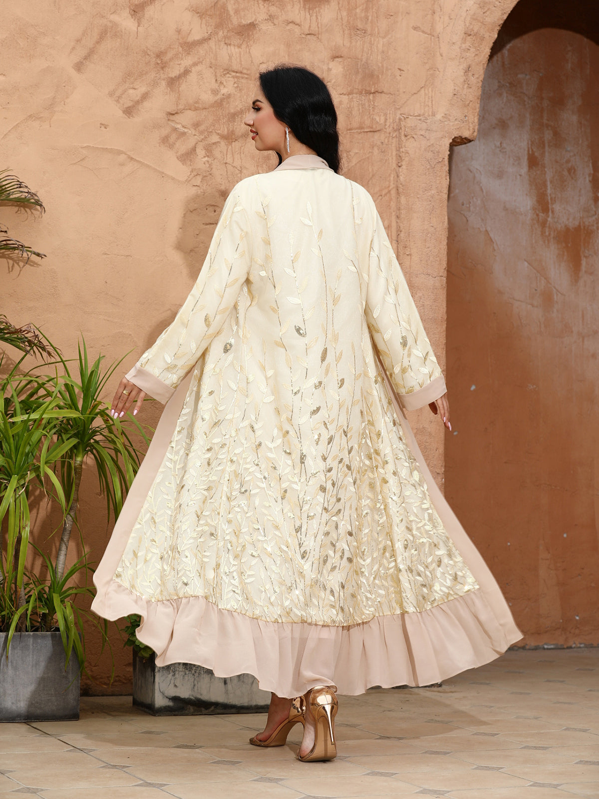 1511# Shiny Sequins Leaves Luxury Cardigan Muslim Islamic Elegant Women Abaya