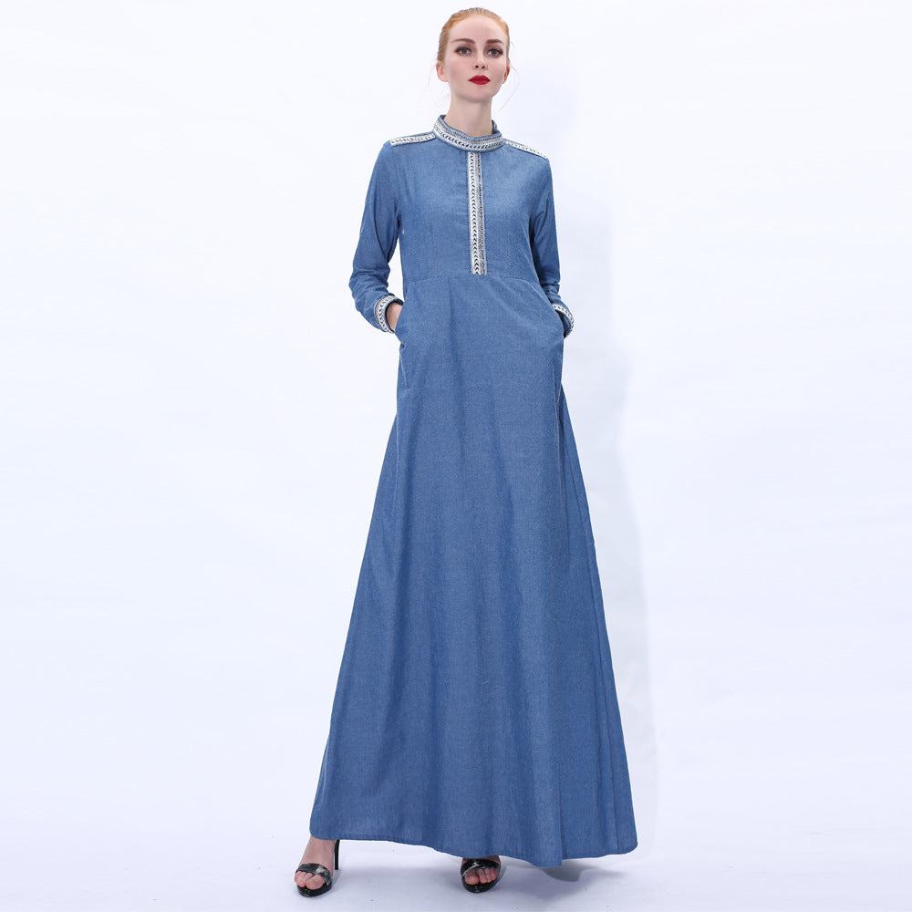 91206#New early spring women long factory denim long dress