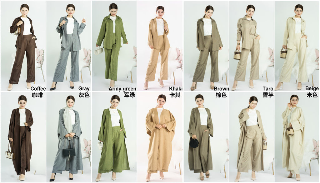 1604#+1605# Ramadan Design Islamic Clothing Linen Fabric Turkey Abaya Set Top and Pant 2PCS Set